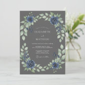 Houtskool Sapphire Loofwerk Eucalyptus Bruiloft Kaart (Staand voorkant)
