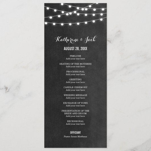 Houtskool Snoer Lichtjes Huwelijksprogramma Programmakaart (Voorkant)