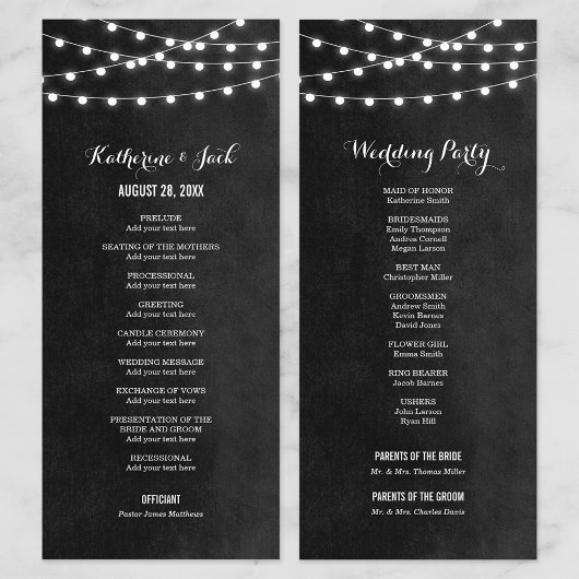 Houtskool Snoer Lichtjes Huwelijksprogramma Programmakaart