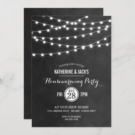 Houtskool String Lights Housewarming Party Uitnodi Kaart (Voorkant / Achterkant)