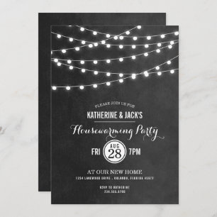 Houtskool String Lights Housewarming Party Uitnodi Kaart