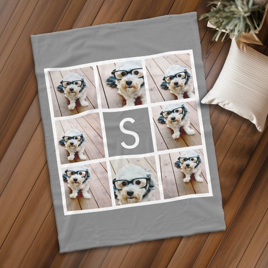 Houtskool Wit 8 Foto Collage Enkele Monogram Fleece Deken