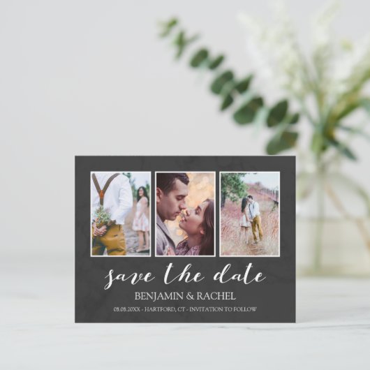 Houtskool & Wit Bewaar de datum Fotocollage Aankondigingskaart (Staand voorkant)