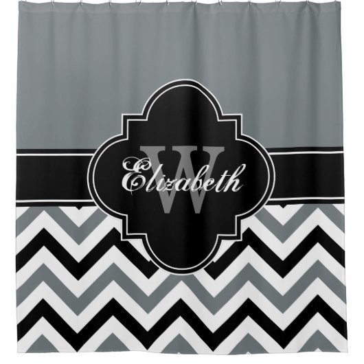 Houtskool Wit Zwart LG Chevron 1ICBR Naam Monogram Douchegordijn (Voorkant)