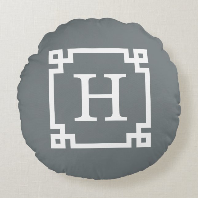 Houtskool Witte Griekse Sleutel Frame #2 Initiële  Rond Kussen (Voorkant)