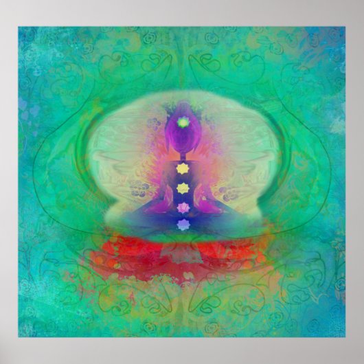 houtskool - yogi met alle chakra - kleuren en ohm poster (Voorkant)