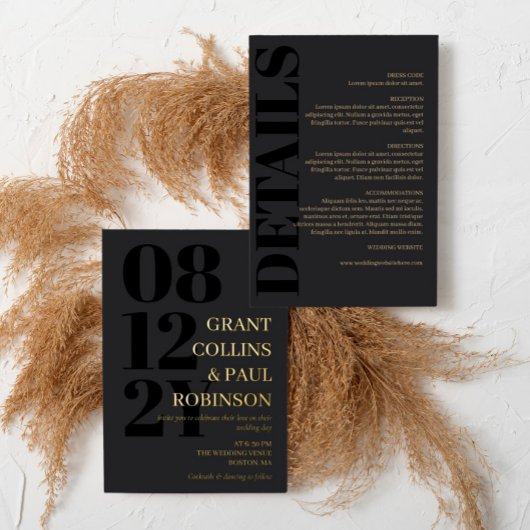 Houtskool Zwart & Goud Typografie 2 in 1 Bruiloft Folie Uitnodiging