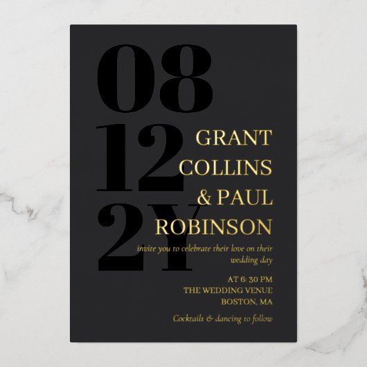 Houtskool Zwart & Goud Typografie Bruiloft Folie Uitnodiging (Voorkant)