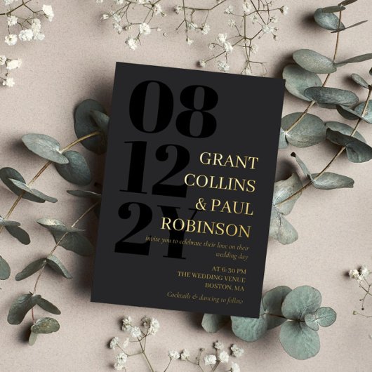 Houtskool Zwart & Goud Typografie Bruiloft Folie Uitnodiging