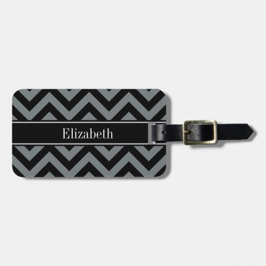 Houtskool, Zwart LG Chevron Zwart Naam Monogram Bagagelabel (Voorkant horizontaal)