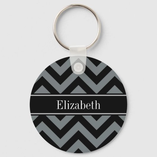 Houtskool, Zwart LG Chevron Zwart Naam Monogram Sleutelhanger (Voorkant)