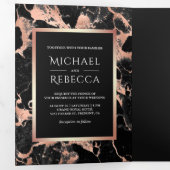 Houtskool Zwart Marmer Roos Gouden Folie Foto Brui Drieluik Uitnodiging (Binnenzijde eerst)