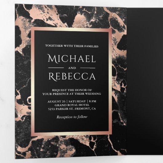 Houtskool Zwart Marmer Roos Gouden Folie Foto Brui Drieluik Uitnodiging (Binnenzijde eerst)