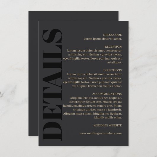 Houtskool Zwart Typografie Bruiloft Details Informatiekaartje (Voorkant / Achterkant)
