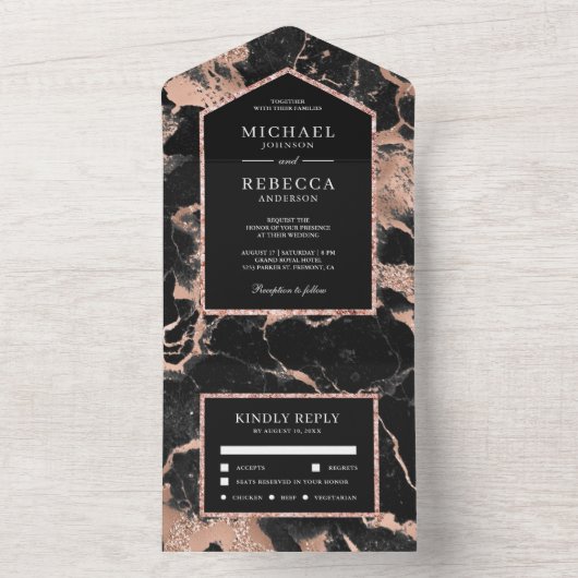 Houtskool Zwarte Marmer Nep Rose Goud Folie Bruilo All In One Uitnodiging (Binnen)