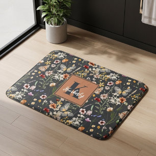 Houtskoolgrijs Boho Bloemen Monogram Badmat