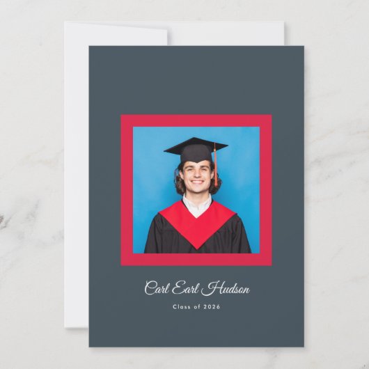 Houtskoolgrijs karmozijnwit eindexamenfoto aankondiging (Voorkant)