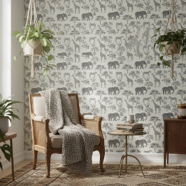 Houtskoolgrijs Safari Dieren Patroon ID1241 Behang