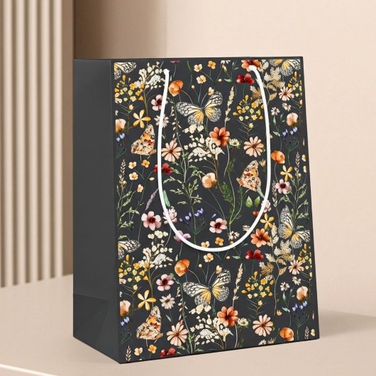 Houtskoolgrijze Boho Waterverf Wilde Bloemen Medium Cadeauzakje