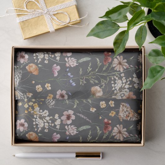 Houtskoolgrijze Boho Waterverf Wilde Bloemen Tissuepapier (Geschenk)