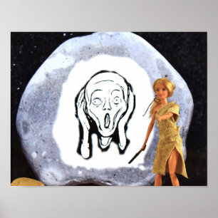 Houtskooltekening op een grote rots.  poster
