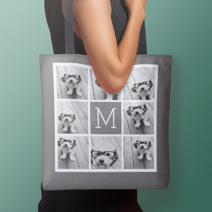 Houtskoolwit 8 Foto Collage Eigen Merkletter Tote Bag