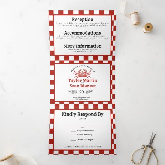 Houtsnede Krab Strand All-in-One Trouwen Drieluik Uitnodiging (Binnen)