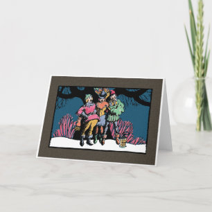 Houtsnede-stijl Middeleeuwse Carolers Feestdagen Kaart