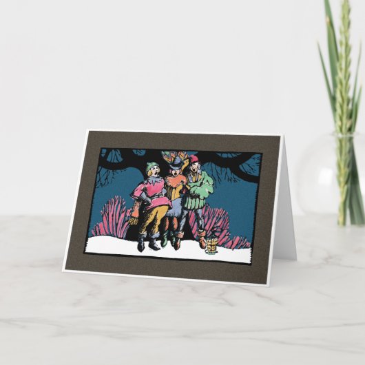 Houtsnede-stijl Middeleeuwse Carolers Feestdagen Kaart (Voorkant)