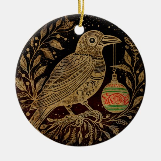 Houtsnede Style Christmas Raven met Ornament (Voorkant)
