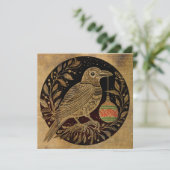 Houtsnede Style Christmas Raven met Ornament Feestdagenkaart (Staand voorkant)