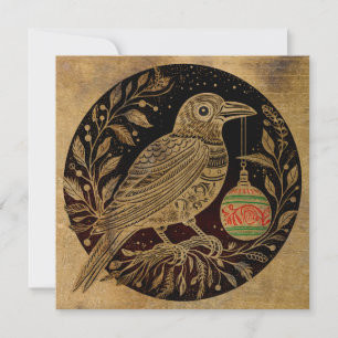 Houtsnede Style Christmas Raven met Ornament Feestdagenkaart
