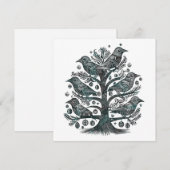 Houtsnede vogels in een kerstboom in groen blauw feestdagenkaart (Voorkant / Achterkant)