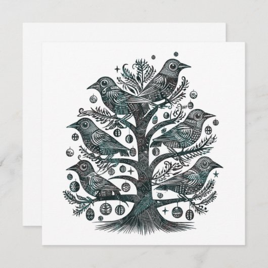 Houtsnede vogels in een kerstboom in groen blauw feestdagenkaart (Voorkant / Achterkant)