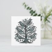 Houtsnede vogels in een kerstboom in groen blauw feestdagenkaart (Staand voorkant)