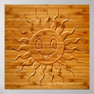 Houtsnijwerk van een glimlachend zonneschijngezich poster