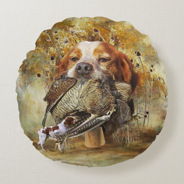 Houtsnip jagen met Brittany Spaniel      Rond Kussen (Voorkant)