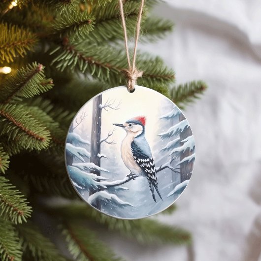Houtspecht in Snowy Winter Woodland Kerstmis Keramisch Ornament