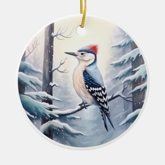 Houtspecht in Snowy Winter Woodland Kerstmis Keramisch Ornament (Voorkant)
