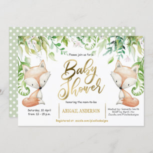 Houtvos, Greenery, Faux Gold Baby Shower Kaart