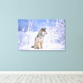 Houtwolf zittend in de sneeuw, Canis lupus, Canvas Afdruk (Insitu (Houten vloer))