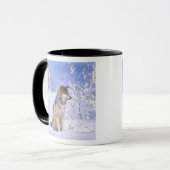 Houtwolf zittend in de sneeuw, Canis lupus, Mok (Voorkant links)
