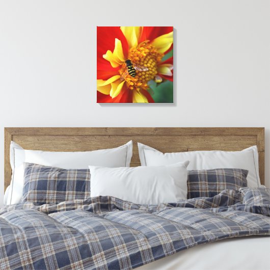 Hover Fly on Orange Collarette Dahlia Floral Canvas Afdruk (Insitu (Slaapkamer))
