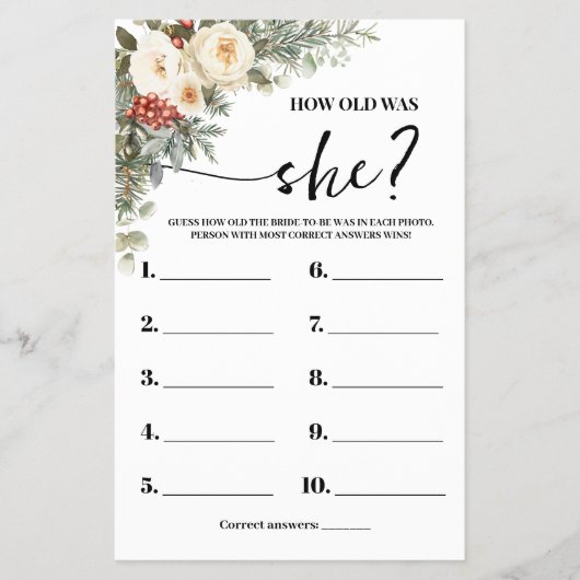 How old was She Winter Bridal Shower Game Card Flyer (Voorkant)