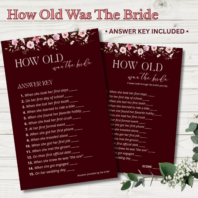 How Old Was the Bride Answer Key | Burgundy Floral (Creator heeft geüpload)