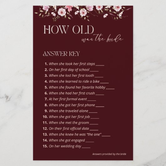 How Old Was the Bride Answer Key | Burgundy Floral (Voorkant)