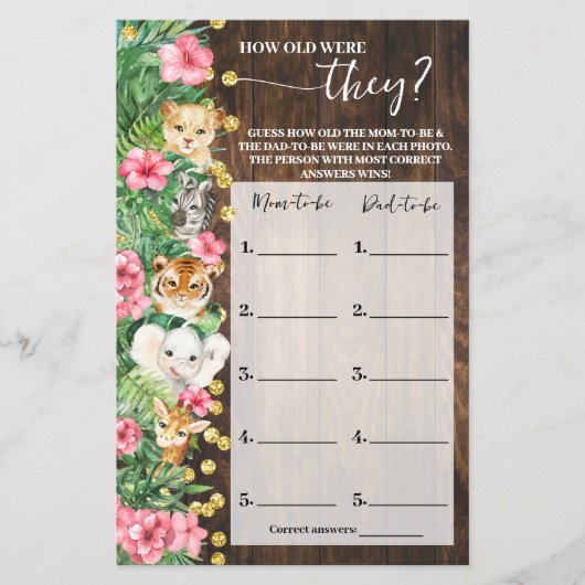 How old were They Pink Safari Shower Game Card Flyer (Voorkant)