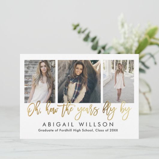 "How the years fly" Gold Script Graduparty Kaart (Staand voorkant)