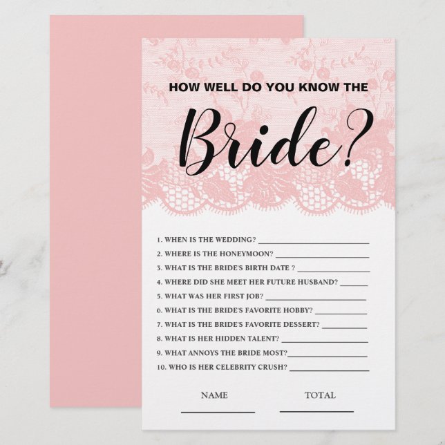 How well know the Bride Pink Lace Bridal Game (Voorkant / Achterkant)