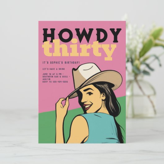 Howdy 30 Western Retro Roze Groen 30e Verjaardag Kaart (Staand voorkant)
